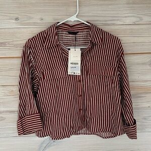 NWT ZARA Brown / Red & White Striped Linen Blend Button Front Blouse Size S